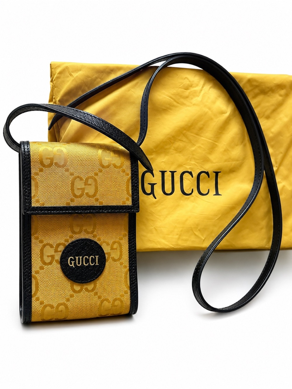 Gucci Yellow GG Canvas Crossbody Phone Pouch with Black Trim and Logo